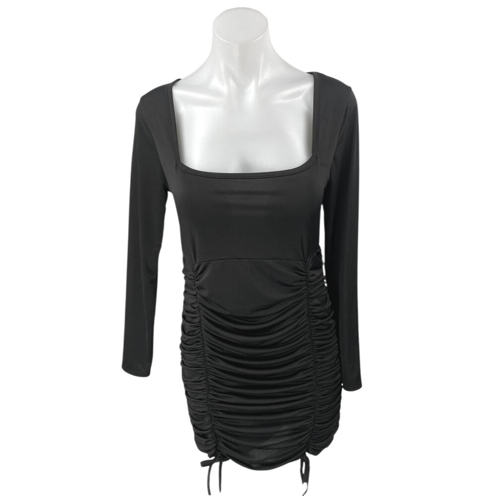 NEW Boohoo Black Long Sleeve Square Neck Ruched Mini Bodycon Dress Size 10
